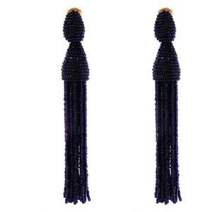 Oscar de la Renta Long Beaded Tassel Clip-On Earrings, Navy